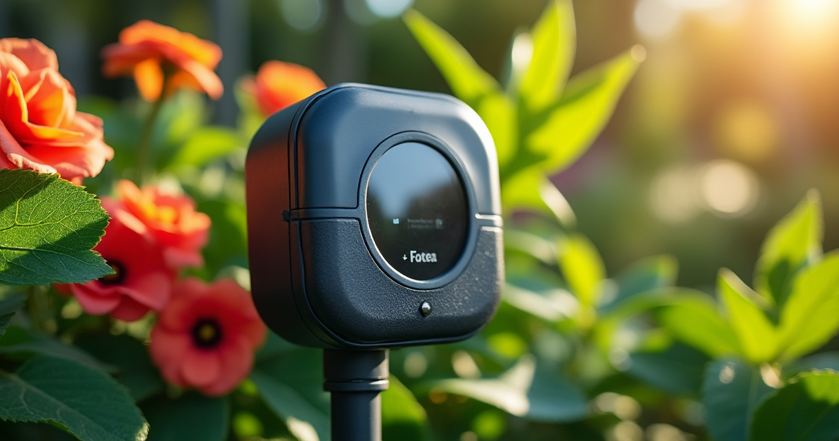 Bodenfeuchte-Sensor in Gartenbeet mit Smartphone-App-Anzeige