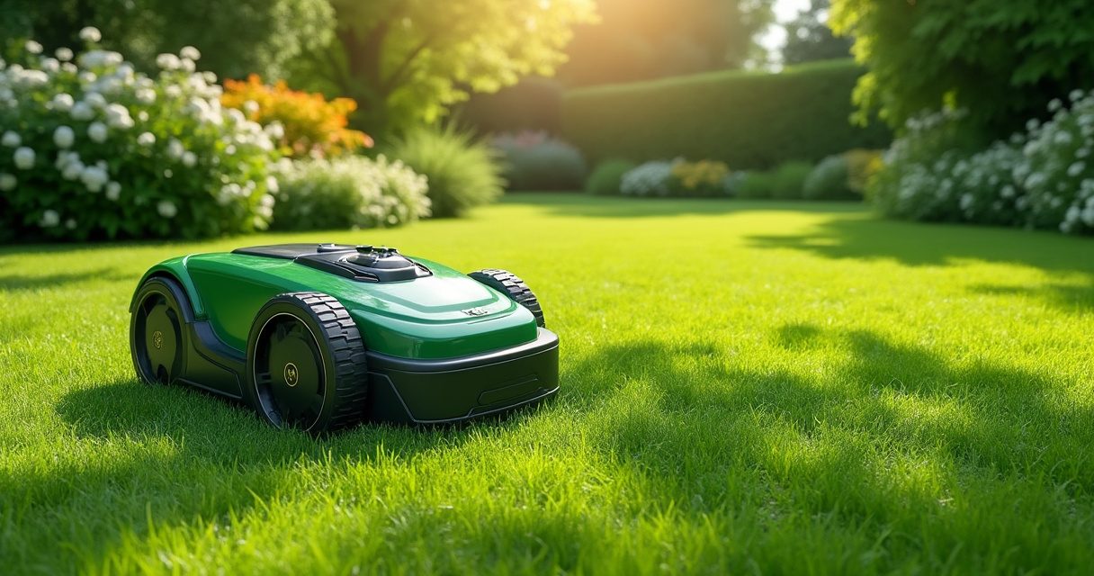 Mähroboter auf einem gepflegten Rasen vor moderner Gartenkulisse