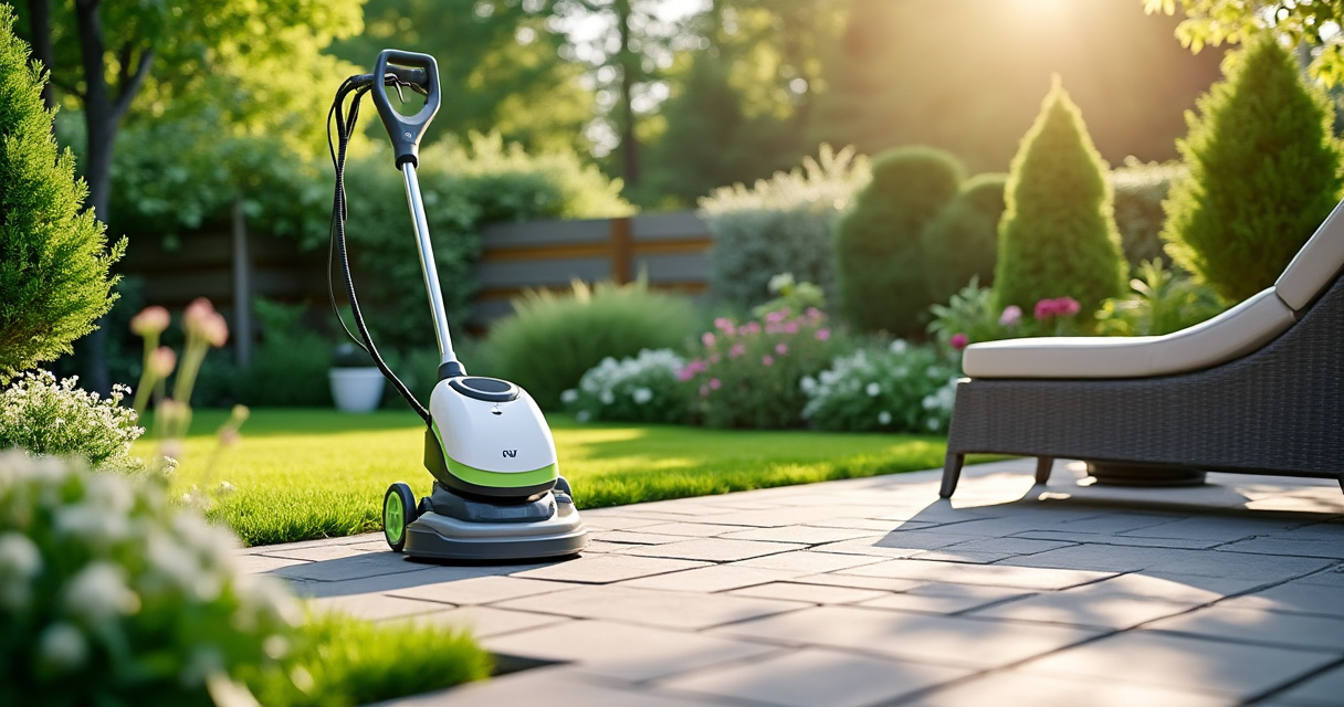 Hochdruckreiniger reinigt Terrassenpflaster mit Flächenreiniger