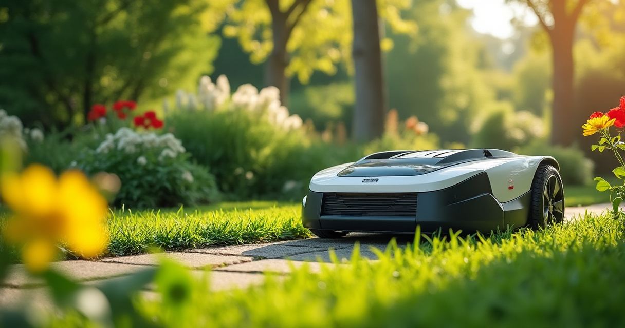 Mähroboter auf einem gepflegten Rasen im Garten